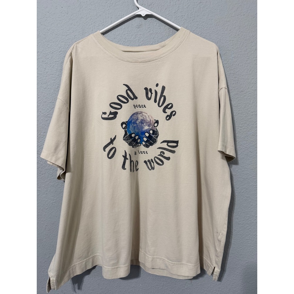 Old Navy Women Tee 3X Good Vibes To The World Graphic Beige Oversized Cotton